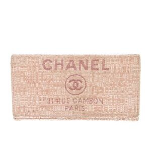 CHANEL Deauville Flap Wallet in Pink Tweed & Lambskin Leather w/Chanel Box VGUC